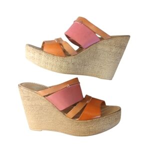 Sotta Sopra Pink and Orange Leather Platform Wedge Sandals Size 7